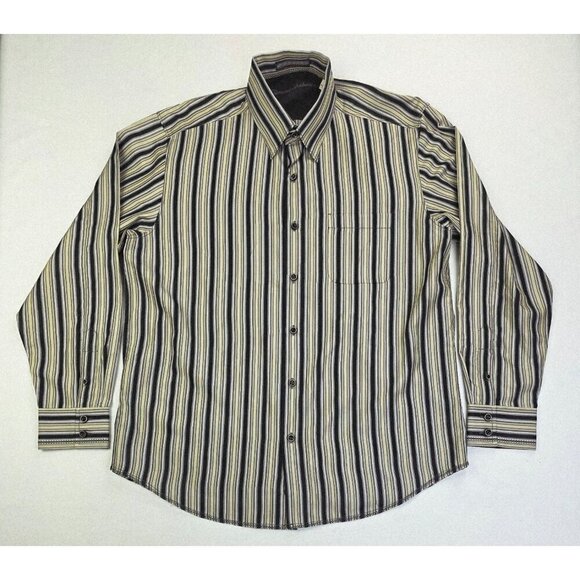 Tommy Bahama Size Medium Mens Silk Black Sage Gray Stripe Button Down Logo Shirt - Picture 5 of 11